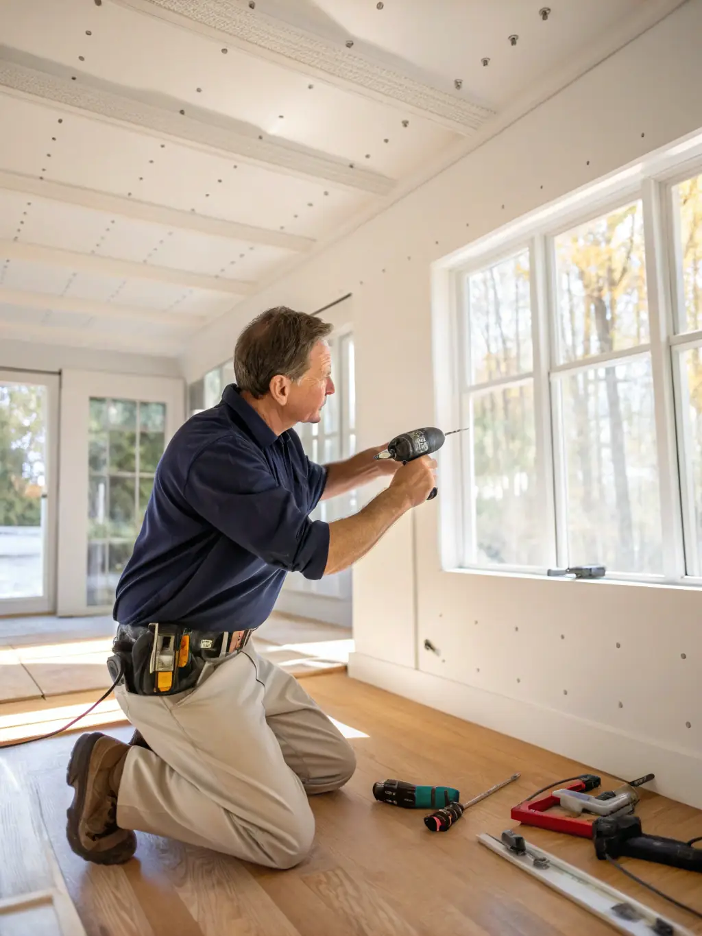A carpenter installing decorative trim work around a doorway, demonstrating the attention to detail in finishing touches.
