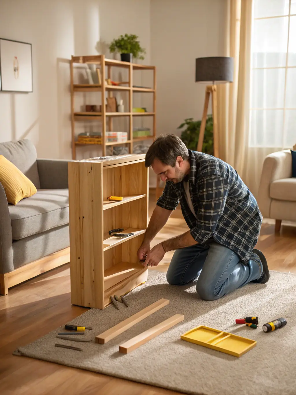 A craftsman building a custom shelving unit in a home office, highlighting the personalized solutions offered for unique spaces.
