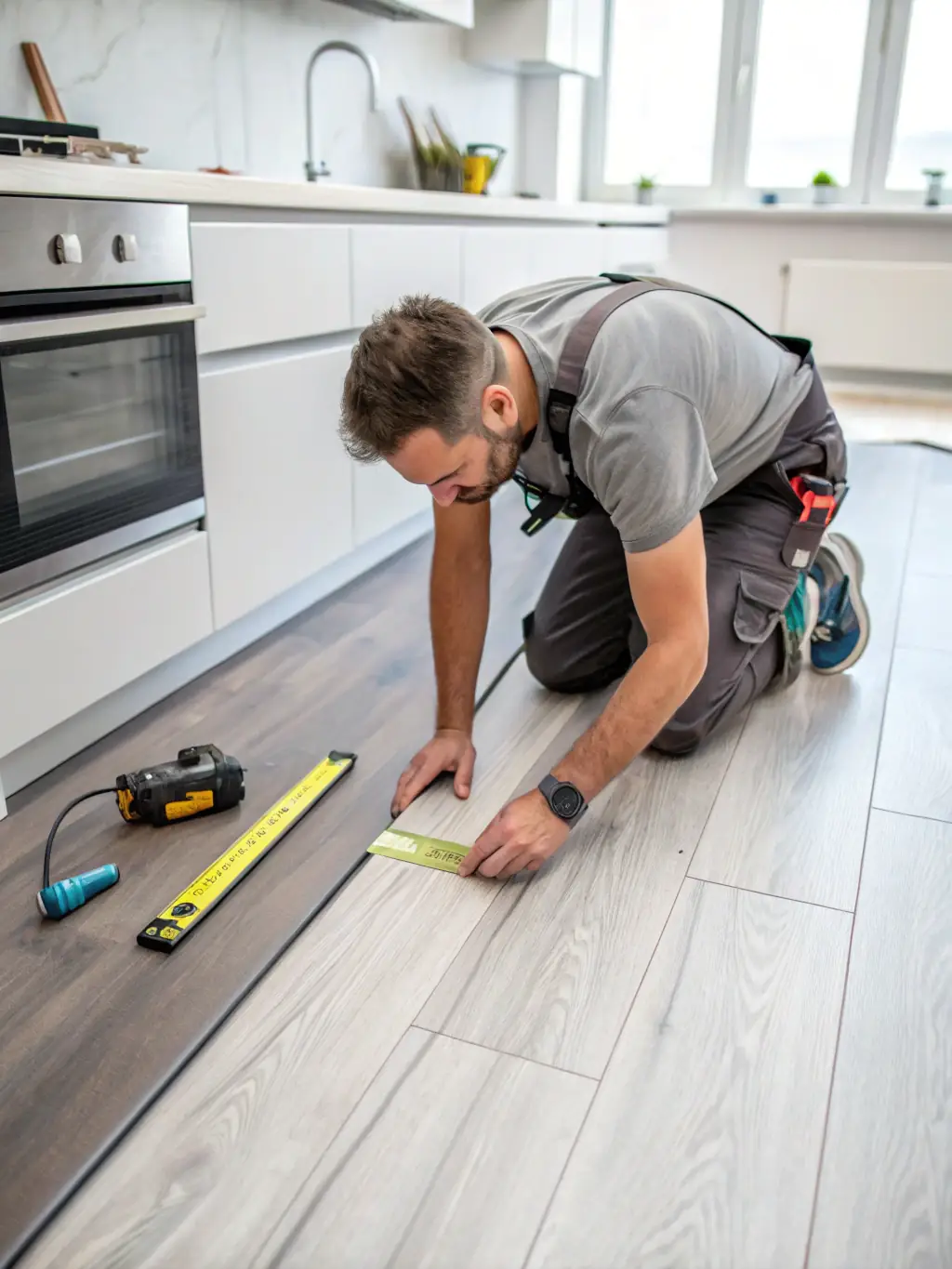 A professional flooring installer laying down hardwood planks in a residential living room, showcasing the precision and care taken during installation.